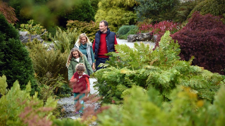 A family walks through a garden of ferns towards the camera in autumn clothes